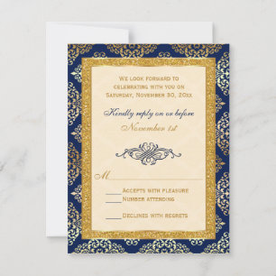 Marine, Elfenbeinküste, Gold Glitzer, Damask Flora RSVP Karte
