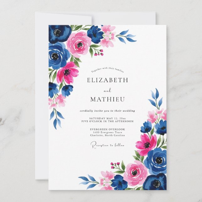 Marine Fuchsia Aquarell Romantische Hochzeit Einladung (Vorderseite)