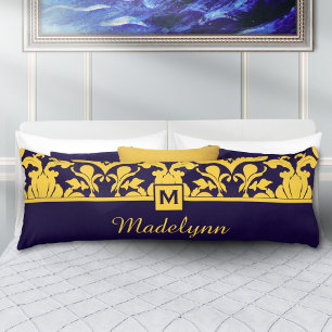 Marine-Gold-Damask-Monogramm Personalisierter Name Seitenschläferkissen