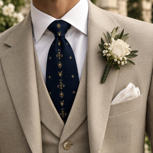 Marine-Gold-Nautisches Fleur-de-Lis-Muster Krawatte