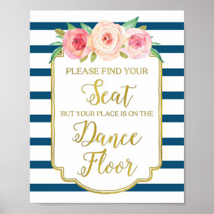 Marine-Gold-Rosa-Aquarell-Blumen-Hochzeitsschild Poster