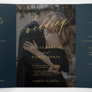 Marine-goldene Schrift QR-Code RSVP Foto-Hochzeit Dreifach Gefaltete Einladung