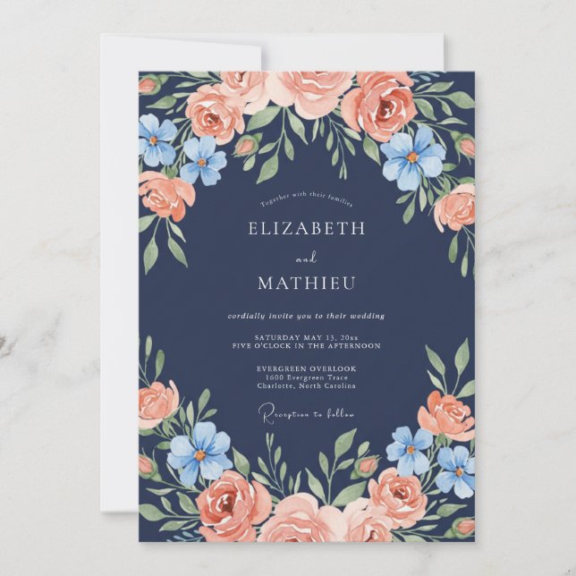 Marine-Hochzeit mit Pfirsich-Blumenbogen Einladung (Vorderseite)