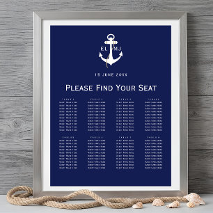 Marine Hochzeits-Sitzplan-Schild in Navy-Blau Poster