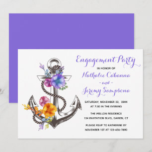 Marine Hochzeitsparty Anker Blumen Violett Einladung