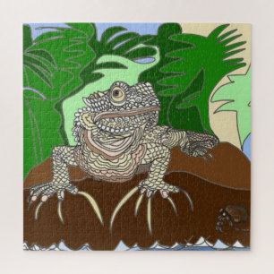 Marine Iguana auf dem Felsen mit Hermit Crab Puzzle