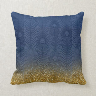 Marine-Indigo-Blau-Glitzer-Goldpfau-Feder Kissen
