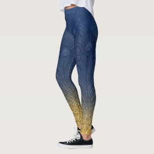 Marine-Indigo-Blau-Glitzer-Goldpfau-Feder Leggings