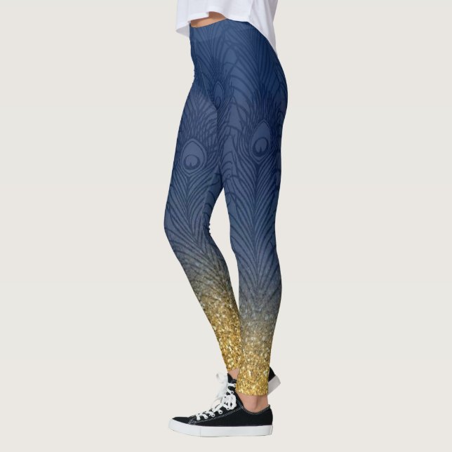 Marine-Indigo-Blau-Glitzer-Goldpfau-Feder Leggings (Links)