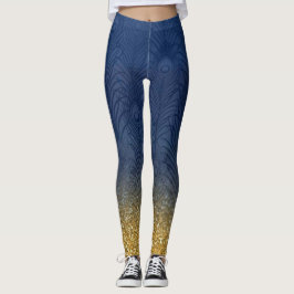 Marine-Indigo-Blau-Glitzer-Goldpfau-Feder Leggings