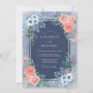 Marine-Korallen-Blumen-Lorbeer-Hochzeit Einladung