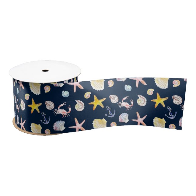 Marine Life & Anchors (Dark) Satin Ribbon Satinband (Spule)