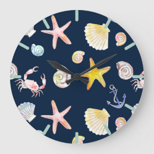 Marine Life & Anchors (dunkel) große Uhr
