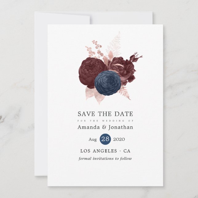 Marine, Maroon und Rose - Gold Floral Save the Dat Save The Date (Vorderseite)