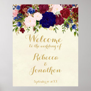marine Marsala Blumen Hochzeit Willkommensschild m Poster