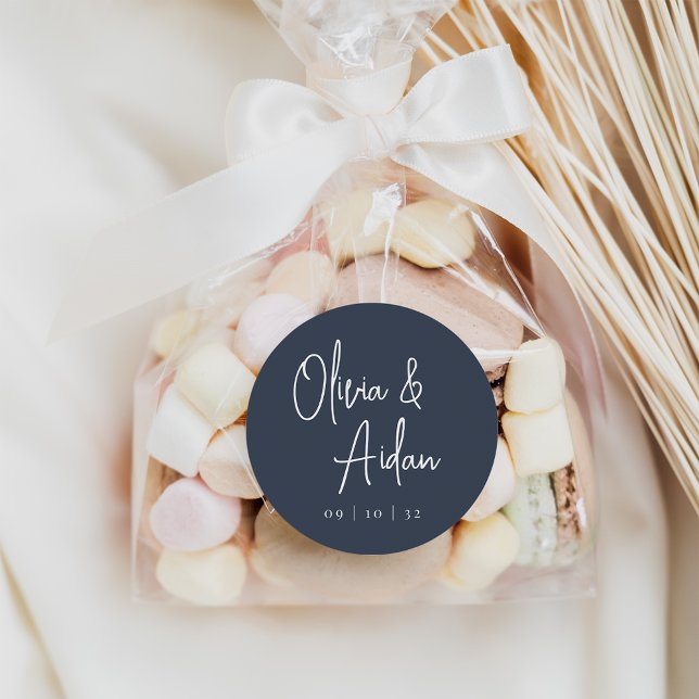 Marine | Moderne handgeschriebene Hochzeit Runder Aufkleber (Von Creator hochgeladen)