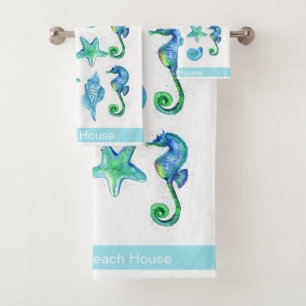 Marine Nautic Seepferd Custom Aquamarin Aqua & Whi Badhandtuch Set