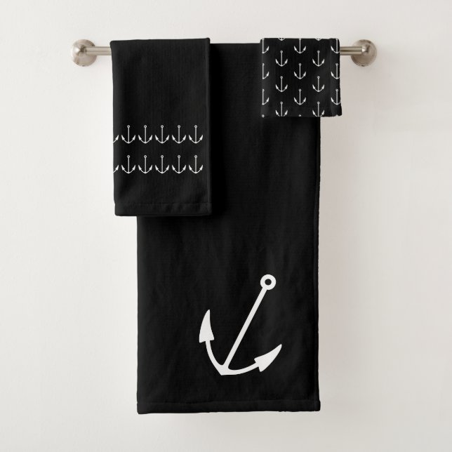Marine Nautical Anchor Bad Schwarz-weiß Badhandtuch Set (Insitu)