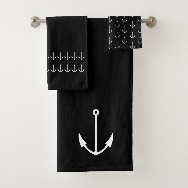 Marine Nautical Anchor Bad Schwarz-weiß Badhandtuch Set (Insitu)