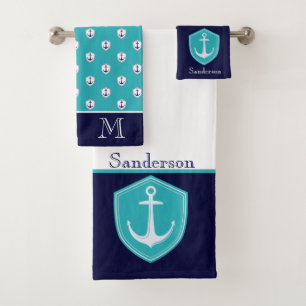Marine Nautical Anchor Bad White Aquamarin Navy Badhandtuch Set