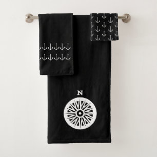 Marine Nautical Anchor Compas Badezimmer Schwarz-w Badhandtuch Set