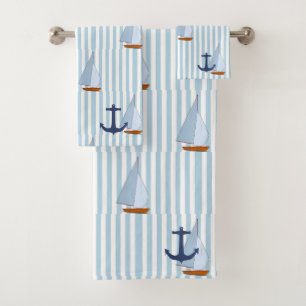 Marine Nautical Sailing Ship White and Blue Stripe Badhandtuch Set