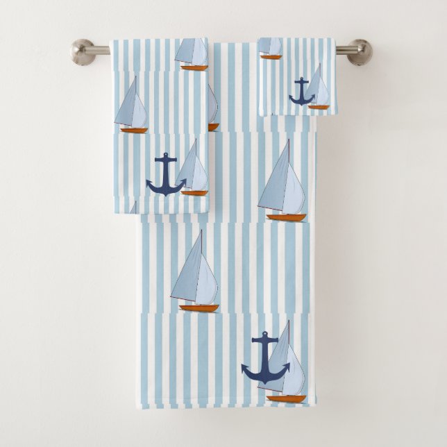 Marine Nautical Sailing Ship White and Blue Stripe Badhandtuch Set (Insitu)