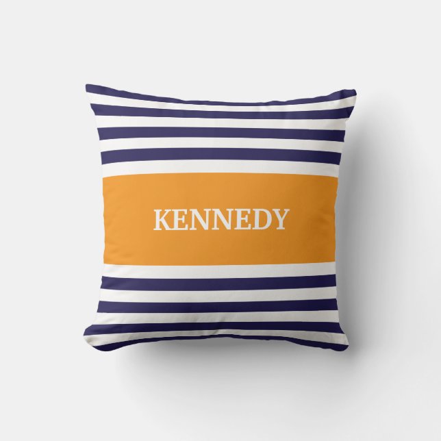 Marine-Orange Stripes Monogramm Kissen (Vorderseite)