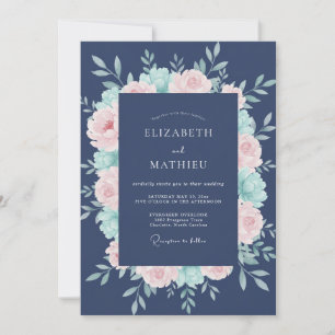 Marine-Pfingstrosen-Blüten-Romanze-Hochzeit Einladung