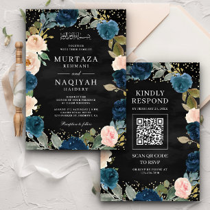 Marine-Pfirsich-Blumen-QR-Code-Schwarze muslimisch Einladung