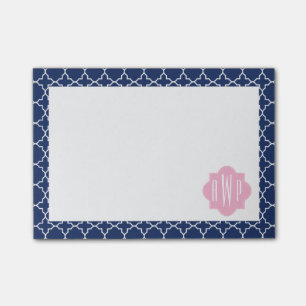 Marine Quatrefoil u. rosa Monogramm Post-it Klebezettel