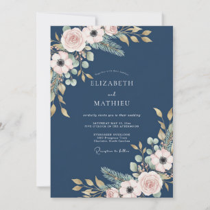 Marine-Rosa Botanische Hochzeit Einladung