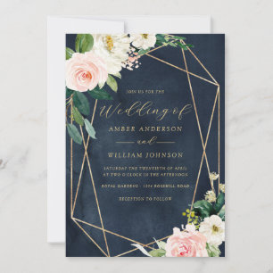 Marine-Rosa Geo-Blumenkranz Hochzeit Einladung