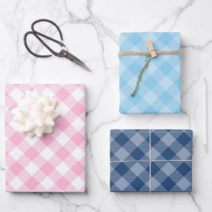 Marine, Rosa und Blau Kariert Geschenkpapier Set