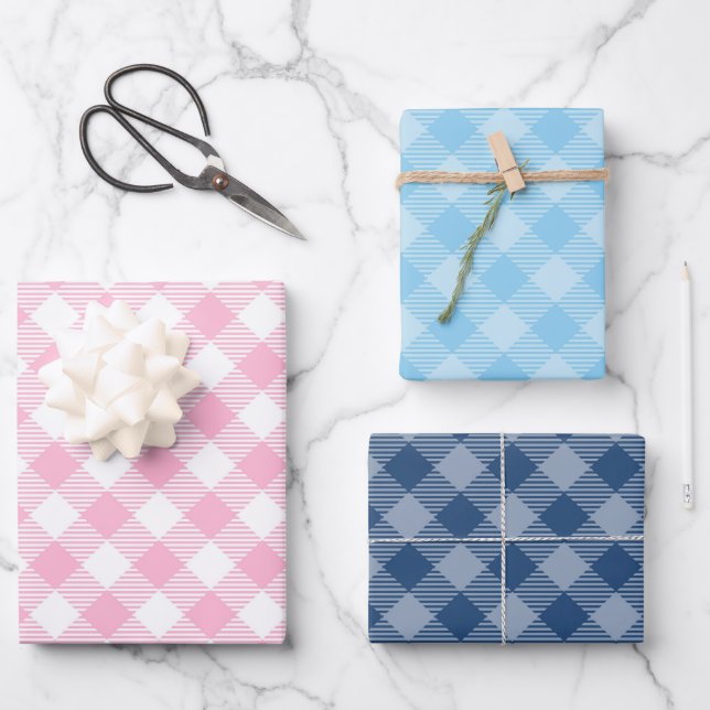 Marine, Rosa und Blau Kariert Geschenkpapier Set (Vorderseite)
