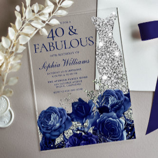 Marine-Rosen-Silber-Kleid 40. Geburtstag Acryleinladungen