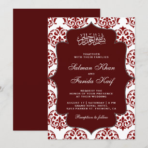 Marine-rote und weiße Damast-Hochzeit für islamisc Einladung