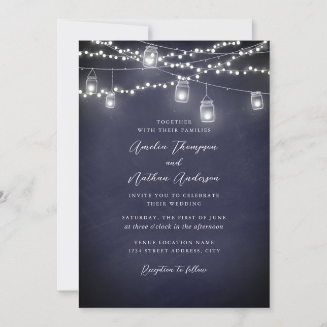 Marine-Rustikale Lichterkette Hochzeit Einladung (Vorderseite)