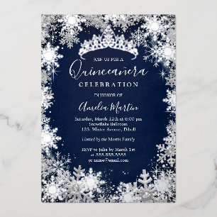 Marine Silber-Winter-Schneeflocken-Quinceanera Folieneinladung