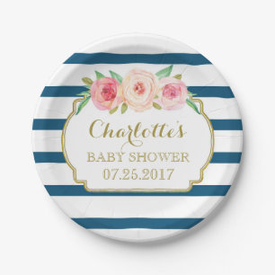 Marine Stripes Goldrosa BlumenBabyparty-Platte Pappteller