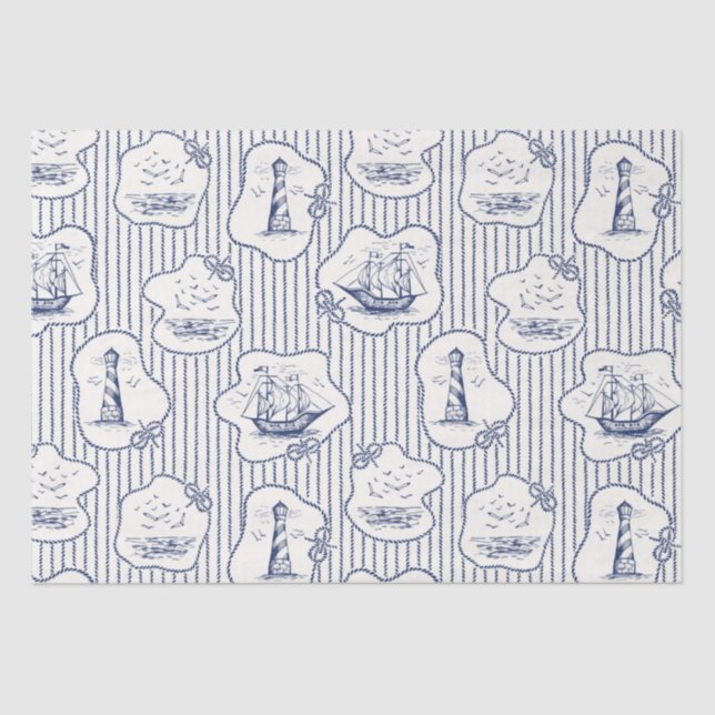 Marine Theme Blue White Stripe Lighthouse Schiff  Seidenpapier (Vorderseite)