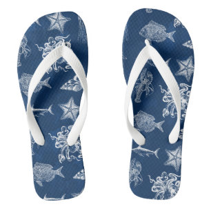 Marine Tiere in Wasserfarbe Navy Blau  Flip Flops