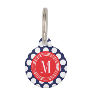 Marine u. rote große Polka-Punkte mit Monogramm Haustiermarke