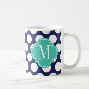 Marine-u. Türkis-große Polka-Punkte mit Monogramm Kaffeetasse