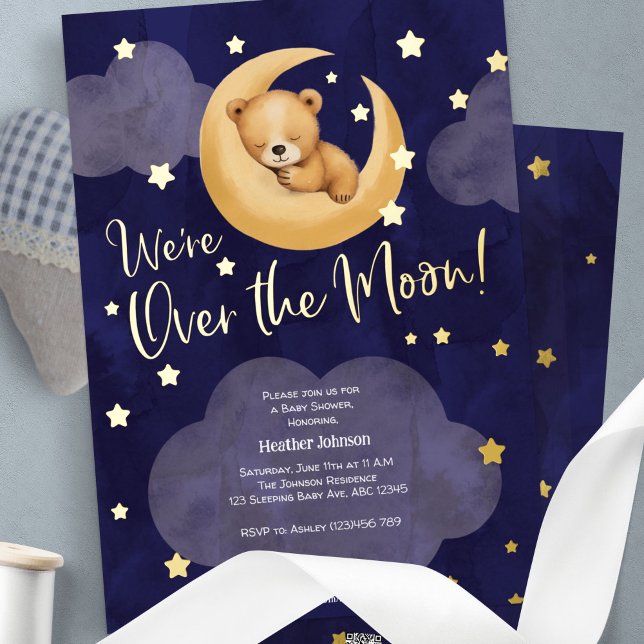 Marine über dem Mond Teddy Bear Twinkle Kleine Ste Folieneinladung (Over the moon, Teddy Bear Themed Baby Boy shower Gold Foil Invitation.)