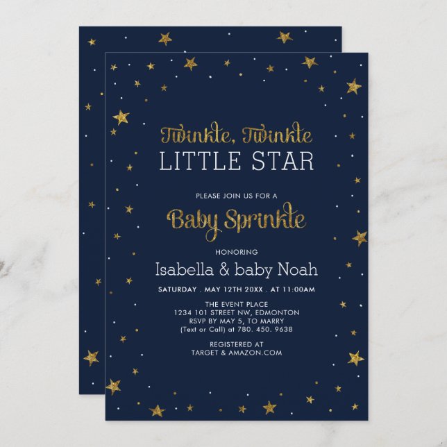 Marine und Gold | Twinkle Little Star Baby Sprinkl Einladung (Vorne/Hinten)