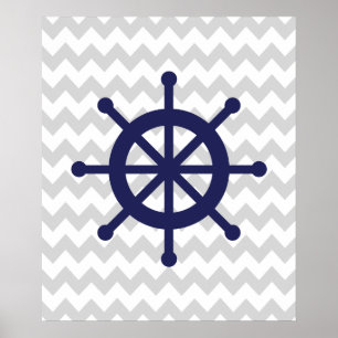 Marine und graues Zickzack Seeschiffs-Rad Poster