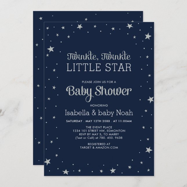 Marine und Silber | Twinkle Little Star Baby Dusch Einladung (Vorne/Hinten)