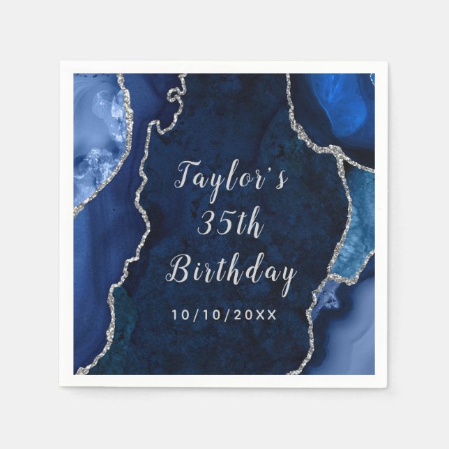 Marine und Silver Agate Marble Geburtstag Serviette (Vorderseite)