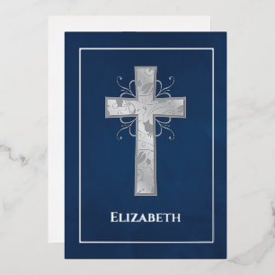 Marine und Silver Taufe oder Christening Filigree Folieneinladung